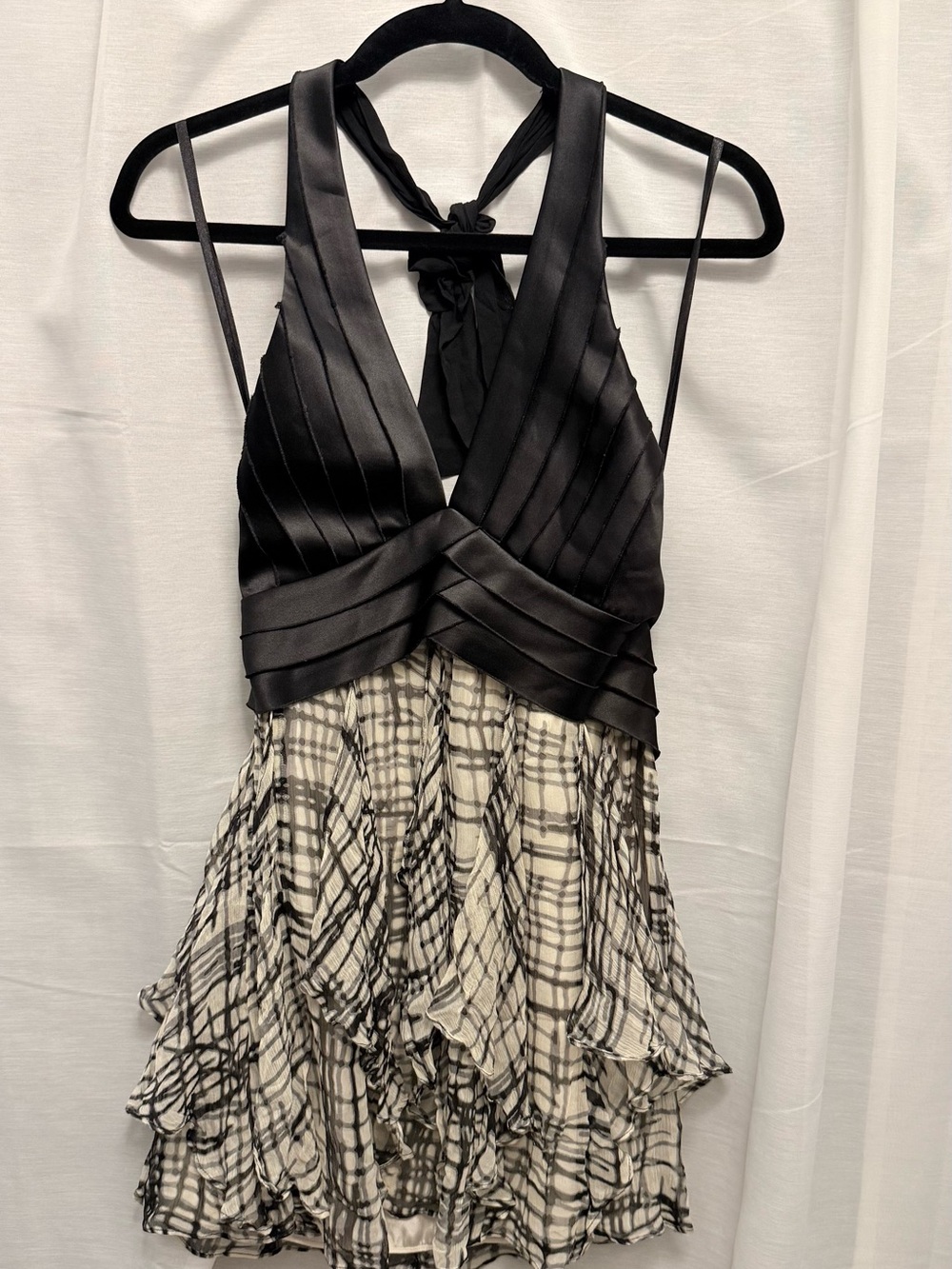 BCBG Silk Black Halter Bodice Plaid Ruffled Skirt Dress